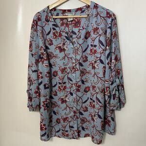 Catherines Women's Blouse Plus 2X Breezeway Sky Blue Paisley Floral Georgette